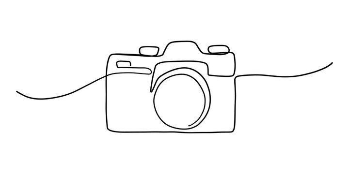 Minimalist single line drawing of a vintage camera on white background.