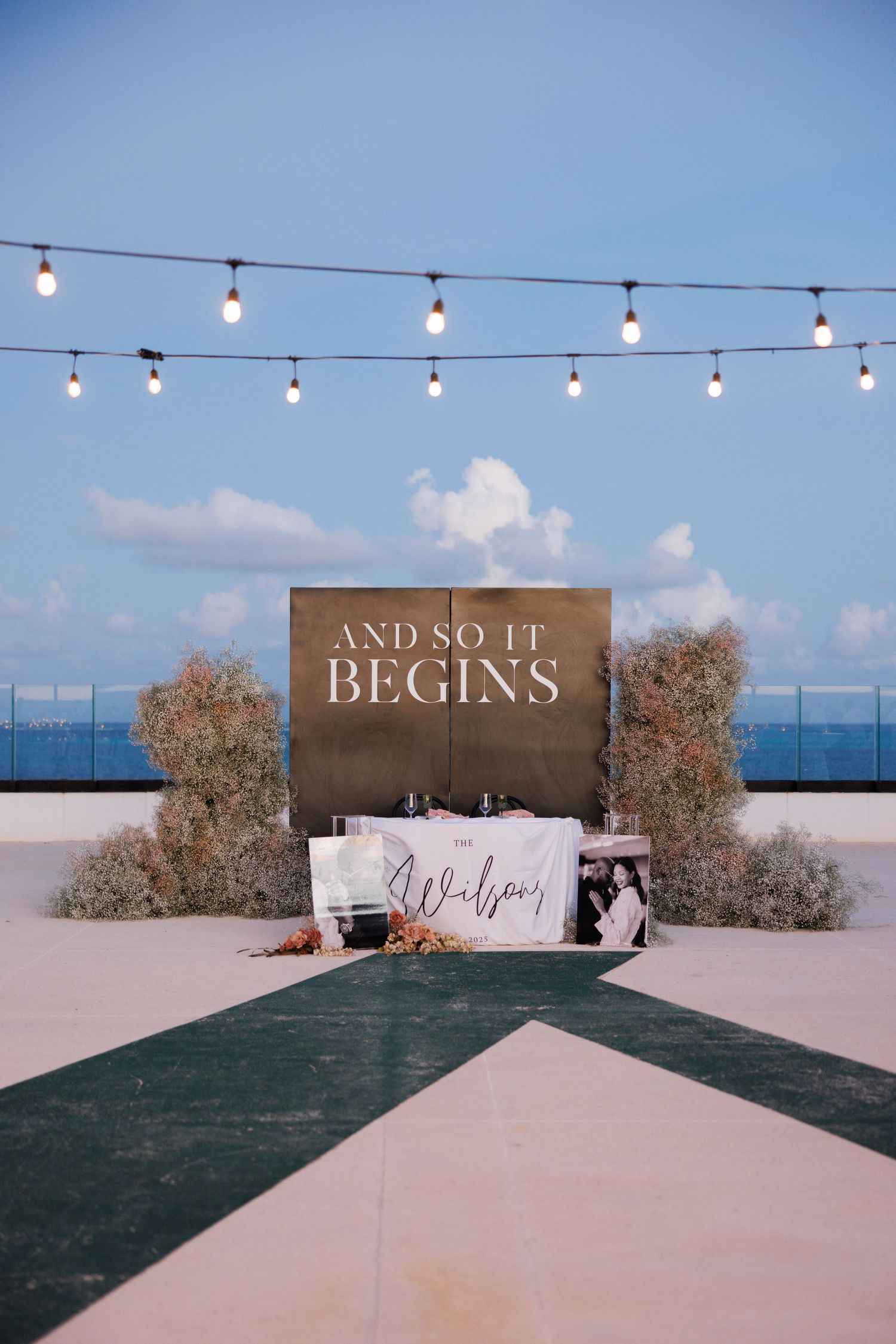 Elegant rooftop wedding sweetheart table with 