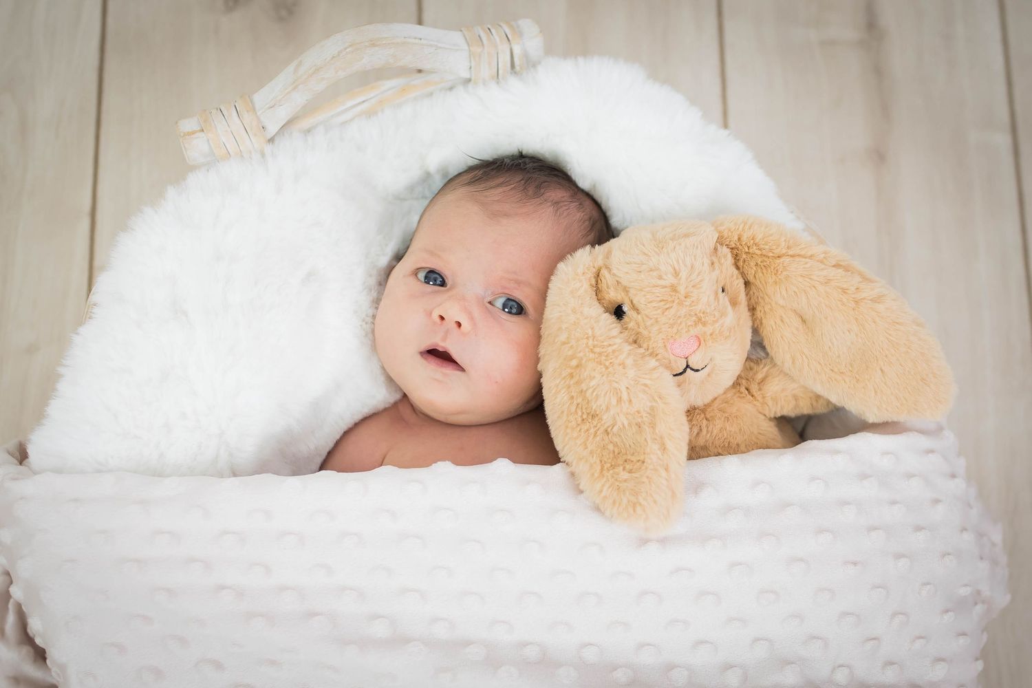 Baby liegt im Korb, zugedeckt mit Decke und schaut aufmerksam in die Kamera, fotografiert im Tageslichtstudio in Denkendorf