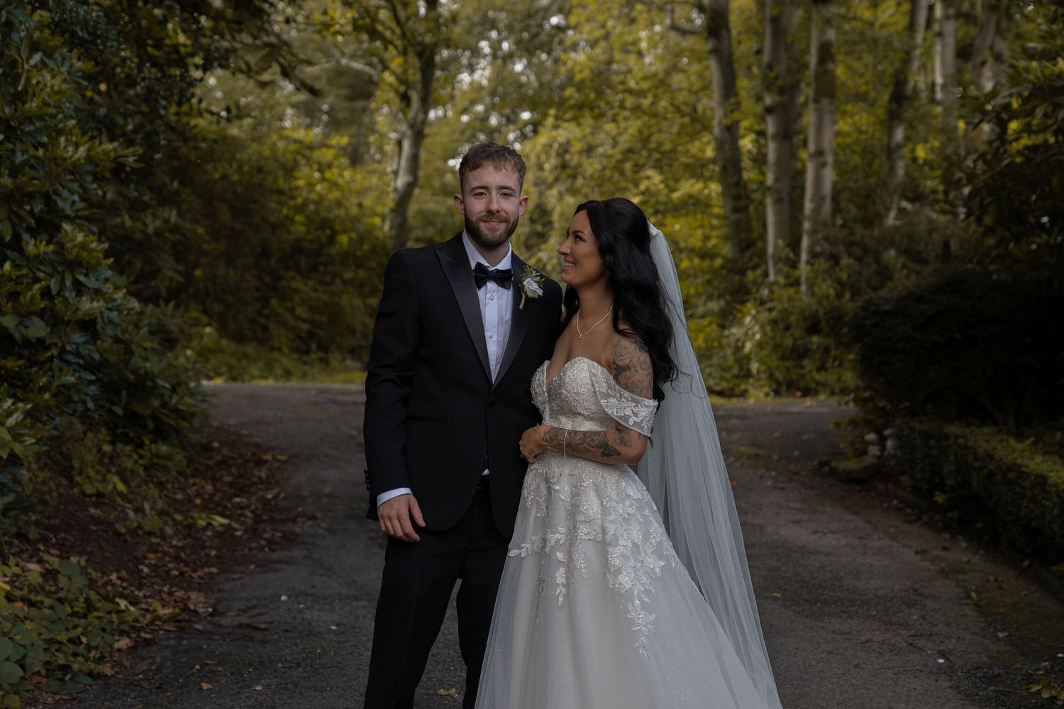 bride and groom in a forest