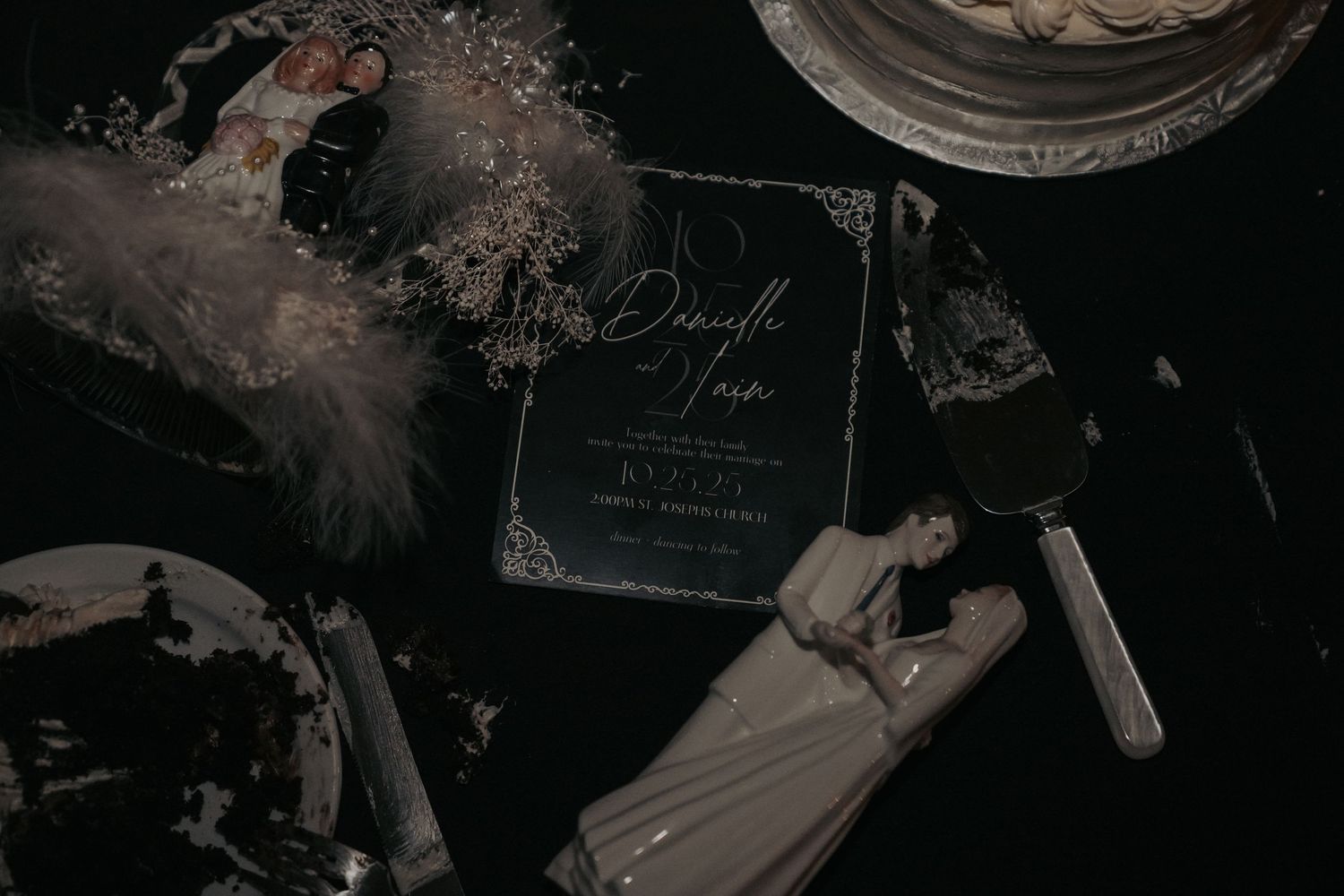 end of night wedding invite and messy cake picture