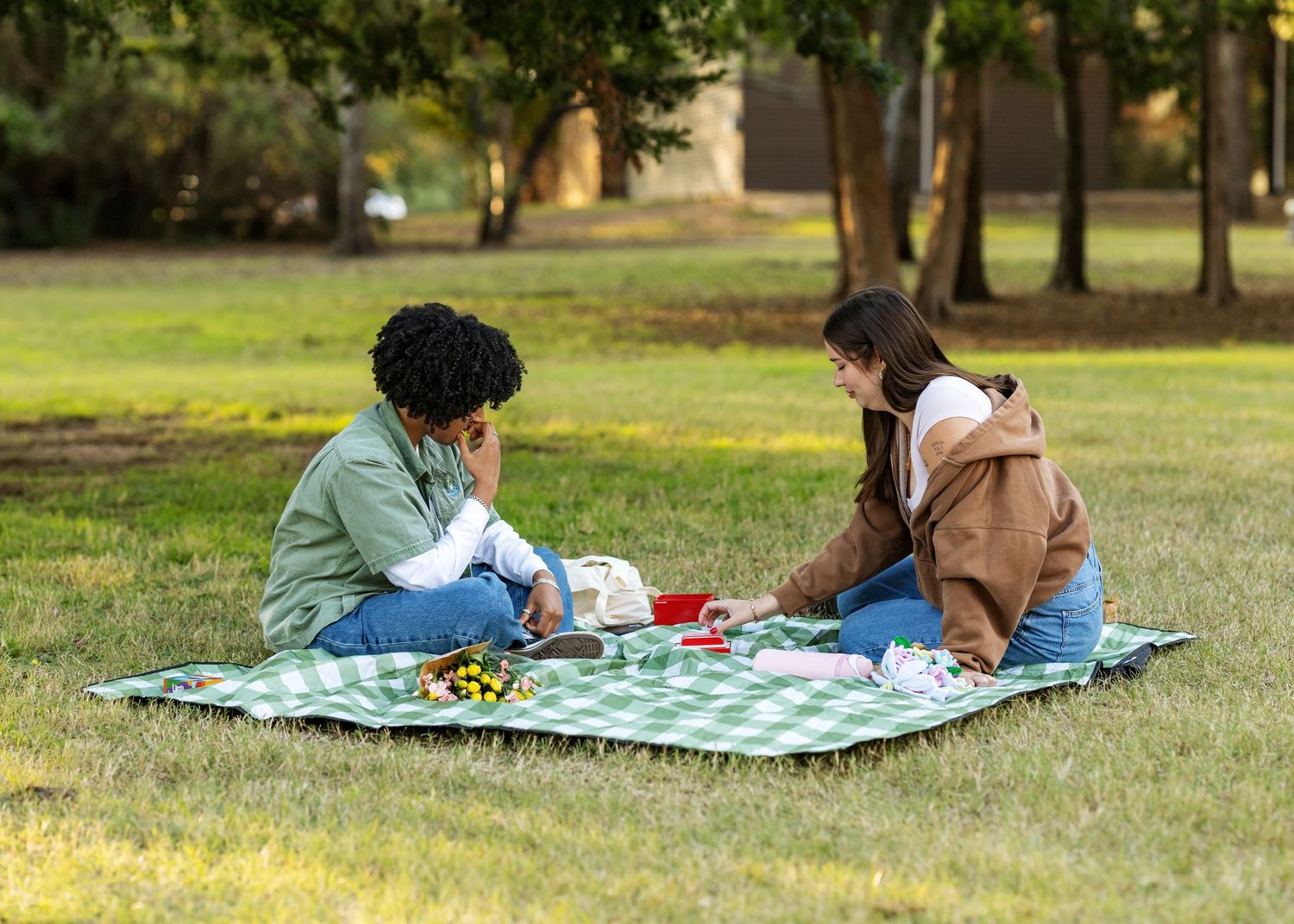 Friends enjoying a casual picnic on checkered blankets in a sunny park.