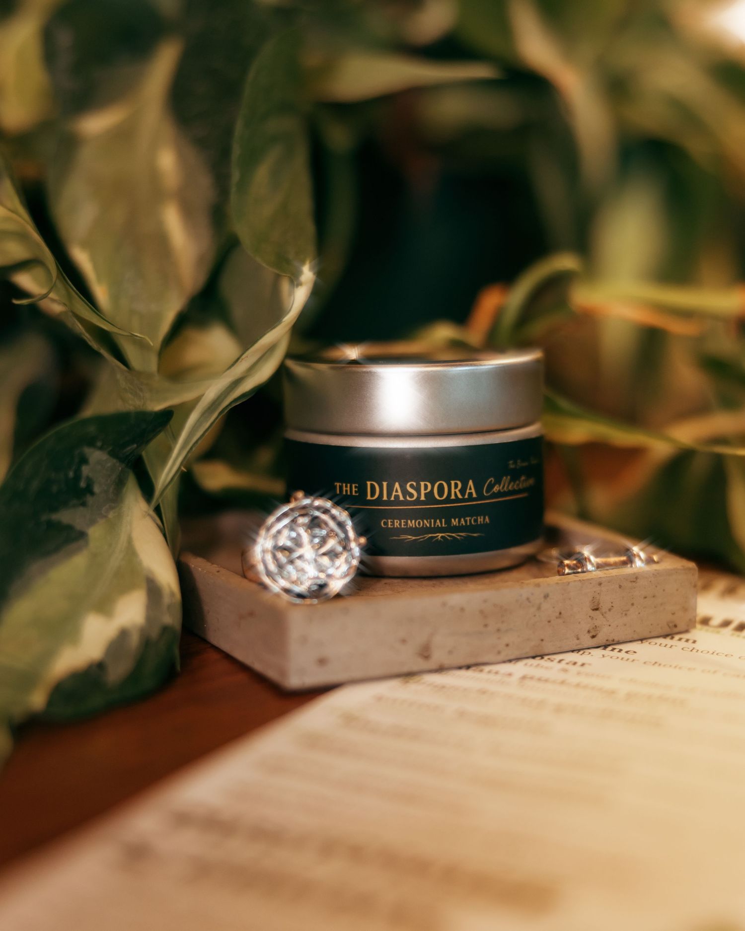 Product photography of candle tins nestled among green leaves on a wooden surface.