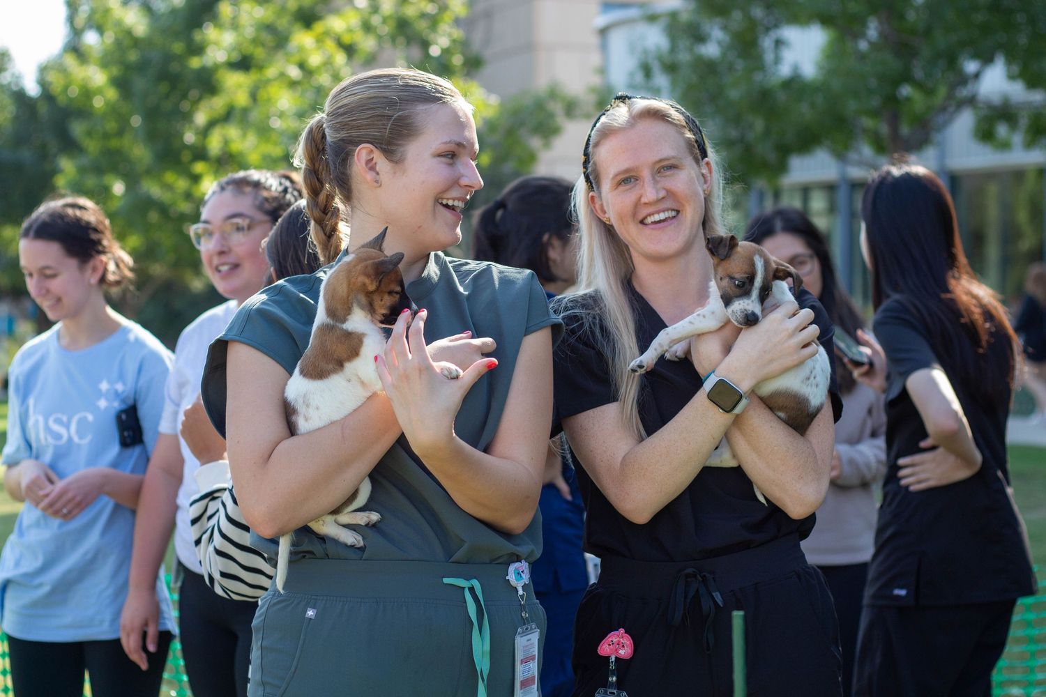 Group of students laughing and holding phones outdoors on campus.