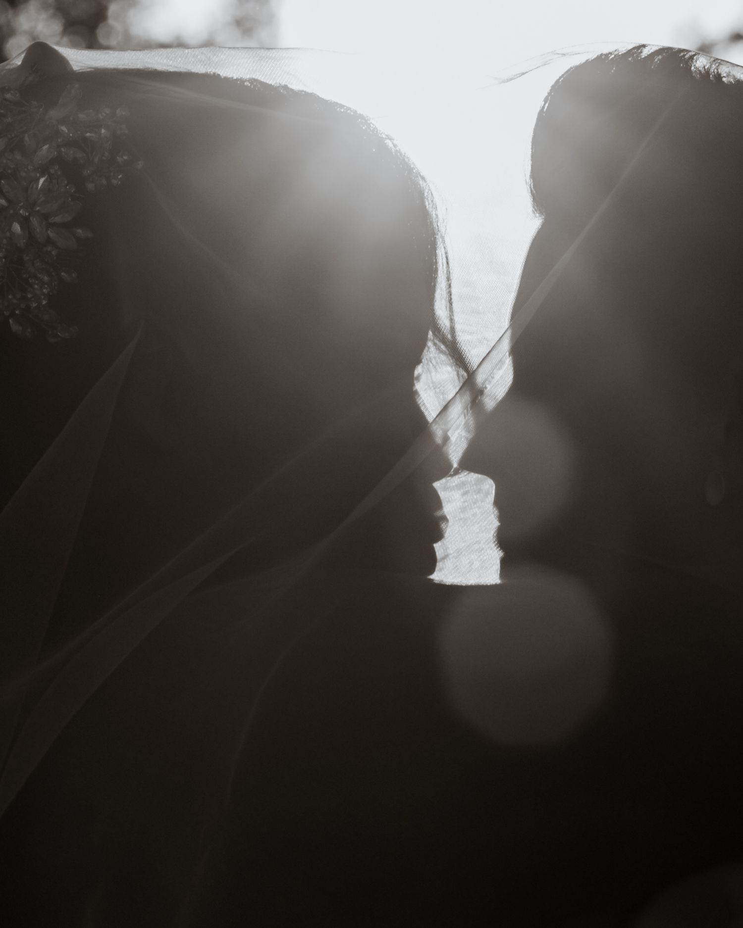 Black and white silhouette of a bride and groom kissing under a veil with soft bokeh light.