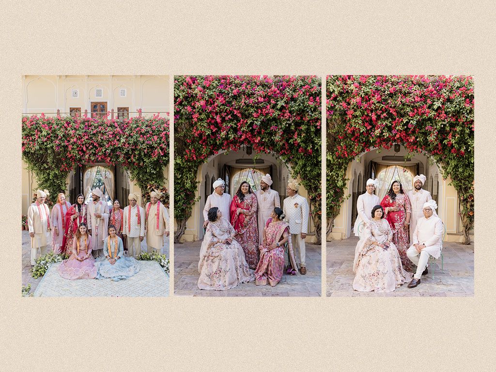 Family portrait triptych with bride and groom under vibrant pink bougainvillea at Indian wedding.