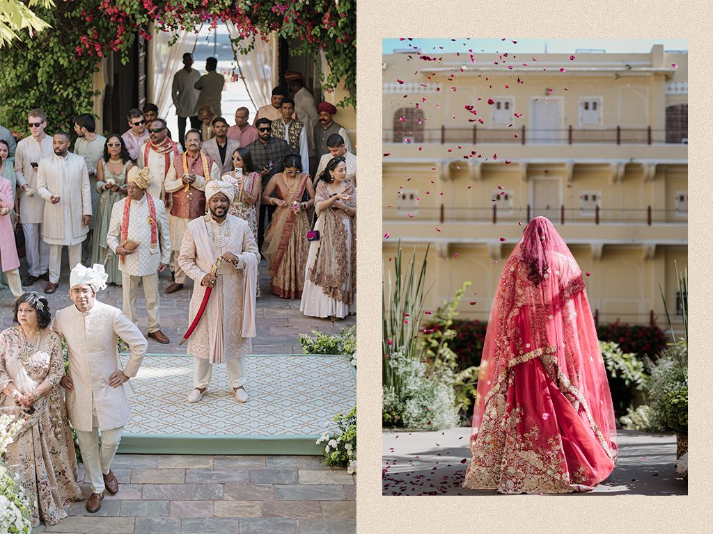 Indian wedding procession with guests in traditional attire at elegant venue, bride in pink lehenga walking outdoors.