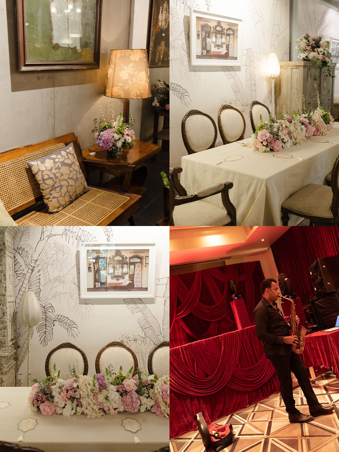 Wedding venue collage featuring floral arrangements, vintage decor, dining setup, and live saxophonist.