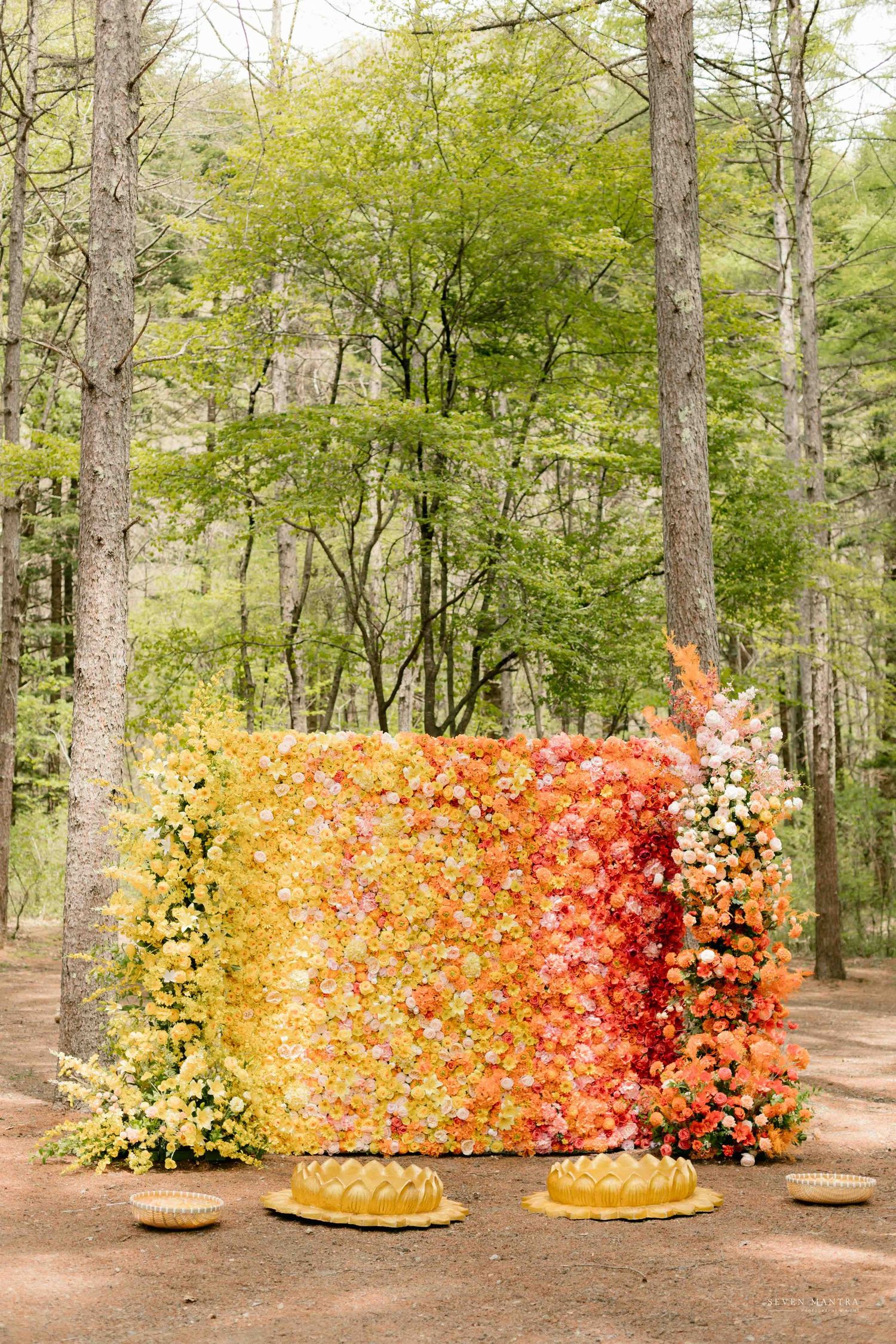 Vibrant ombre floral wall backdrop with yellow to red gradient flowers in a lush forest setting.