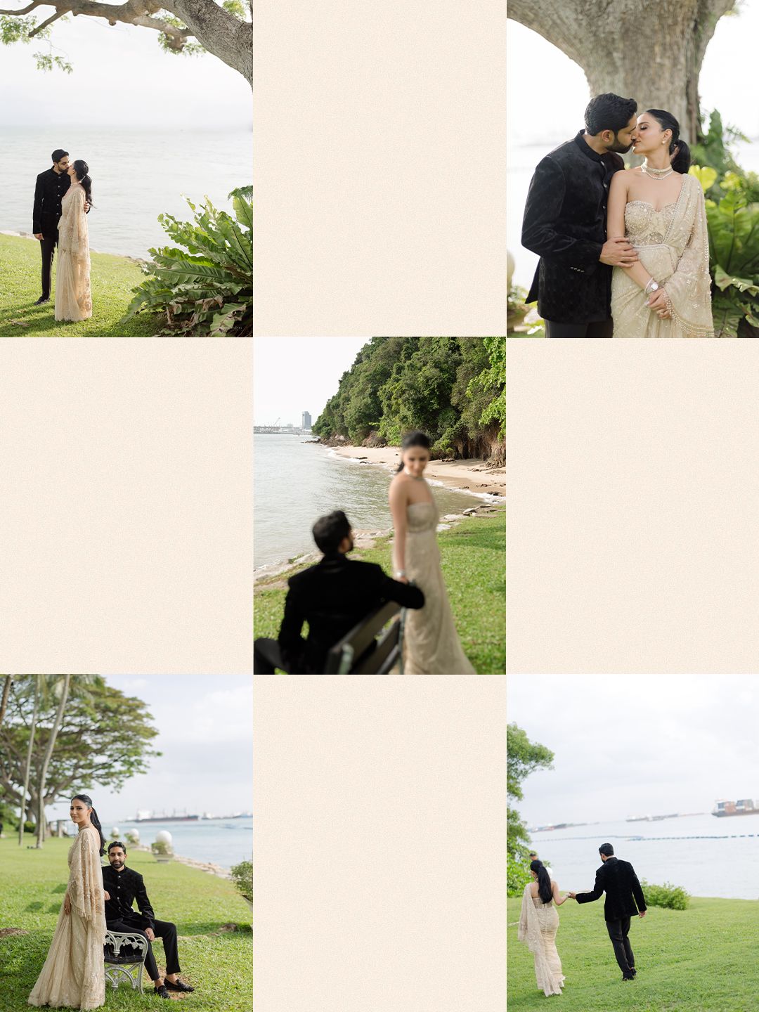 Collage of couple in Indian wedding attire sharing romantic moments by Singapore waterfront.