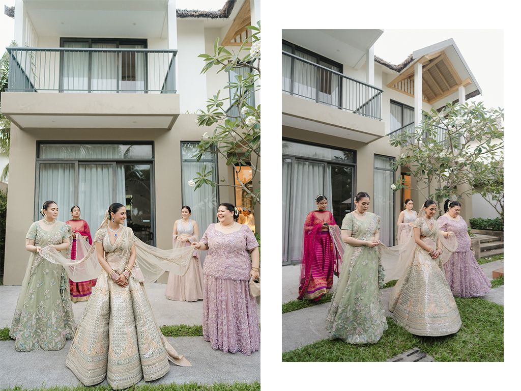 Indian bride with bridesmaids in pastel lehengas pose outside luxury villa at destination wedding in Phu Quoc.