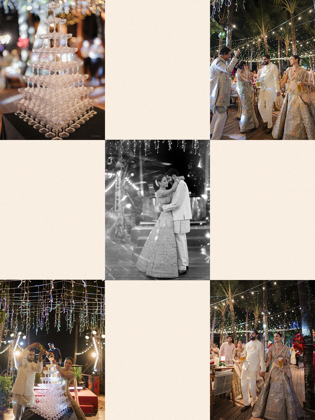 Collage of Indian wedding reception with champagne tower, couple dancing, and fairy light decor.