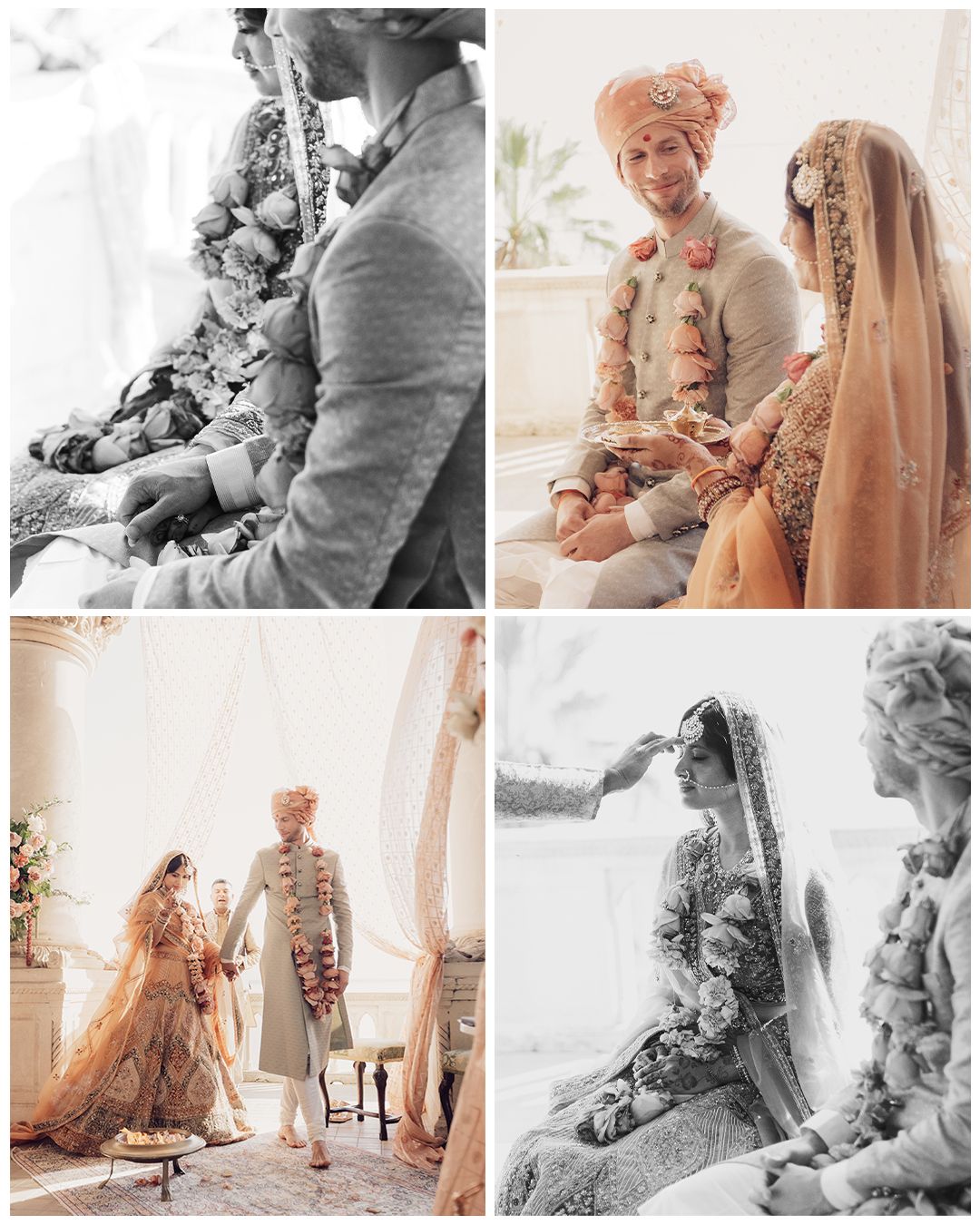Collage of Indian wedding ceremony moments, bride in golden lehenga and groom in sherwani exchanging garlands.