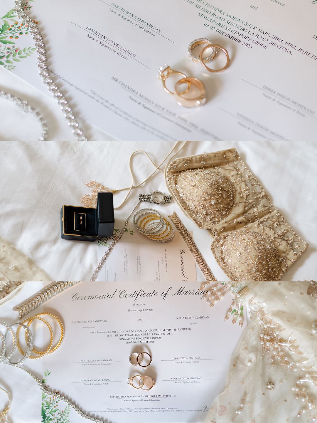Wedding flat lay with ceremonial marriage certificate, gold jewelry, rings, and beaded accessories.