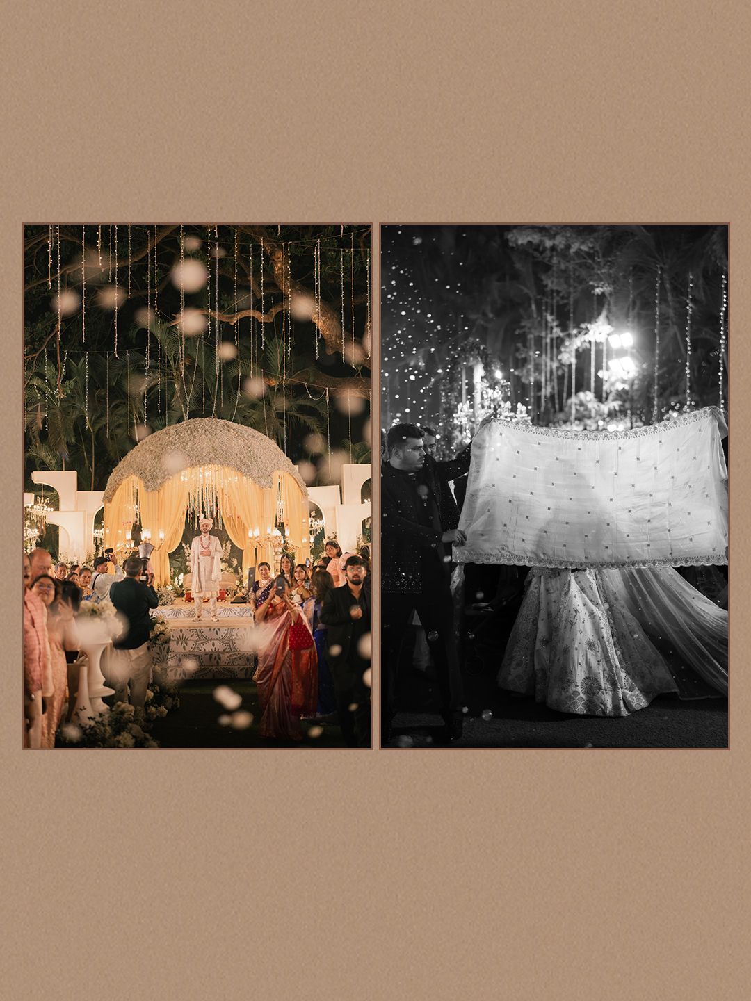 Bride's grand entrance at outdoor wedding ceremony with floral petal shower at night.