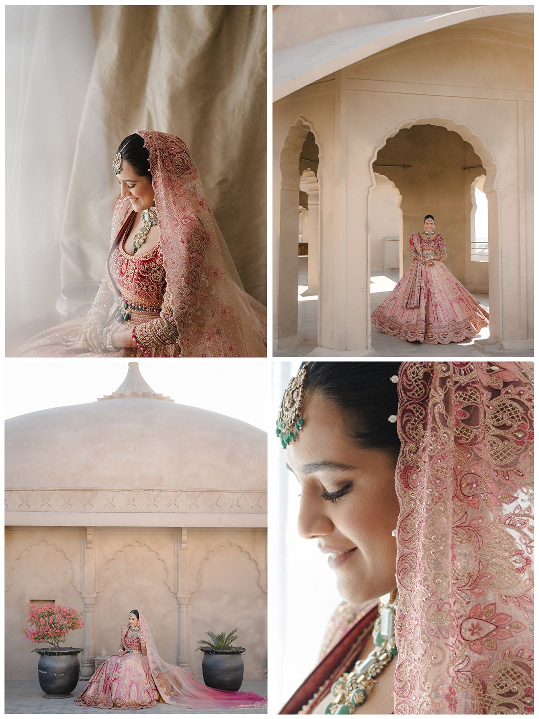 Bride in pink embroidered lehenga and dupatta poses at ornate Rajasthani palace architecture.