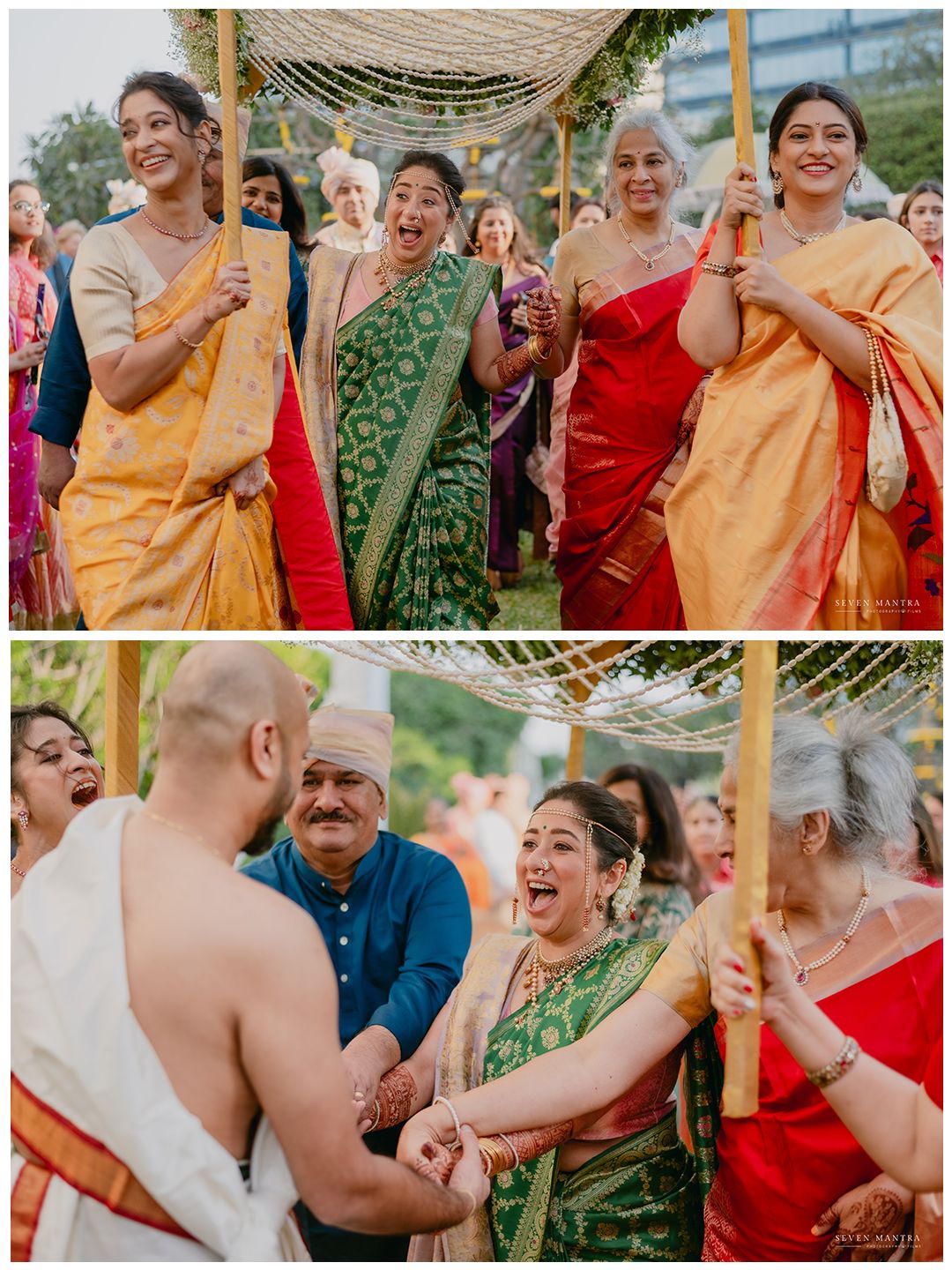 Joyful family members in colorful sarees escort bride under wedding canopy at Indian ceremony.