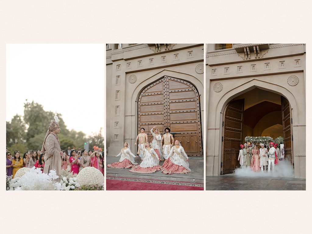 Traditional Indian wedding ceremony with bride in pink lehenga and groom on floral decorated stage at ornate venue.