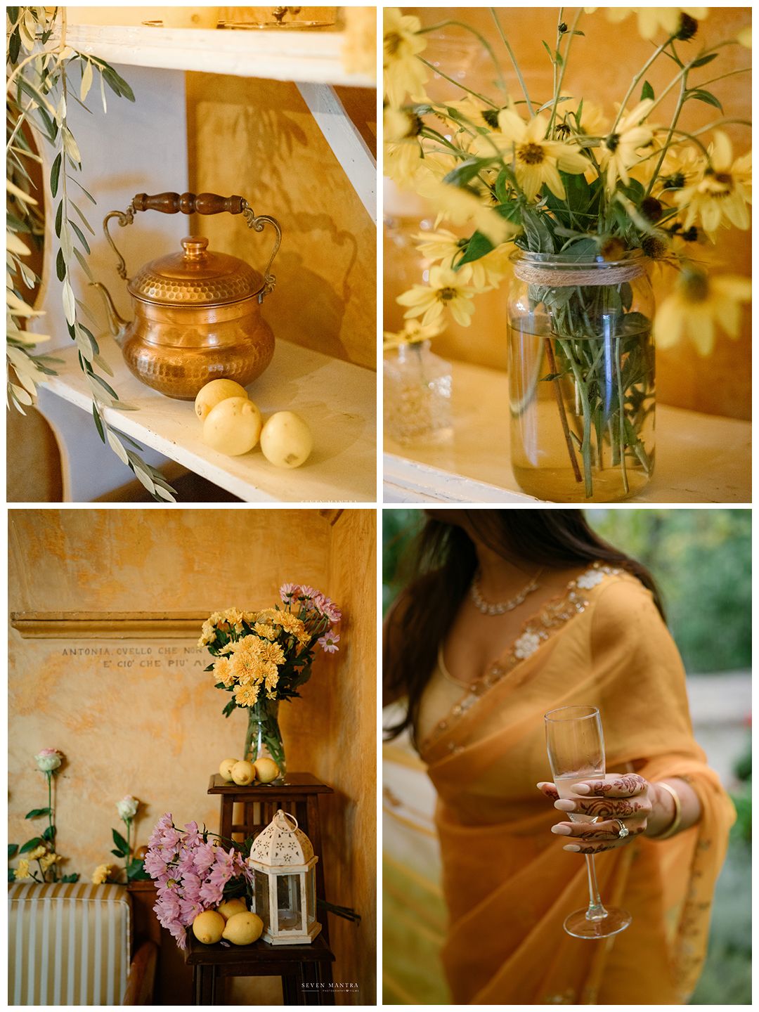 Collage of yellow wedding decor details including flowers, copper pot, lemons, and bride in orange saree.