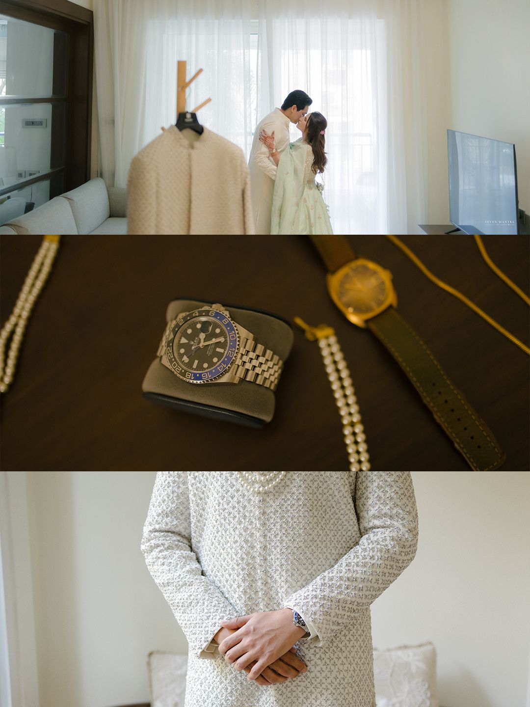 Groom preparation collage showing couple embracing, luxury watch and accessories, and embroidered sherwani detail.