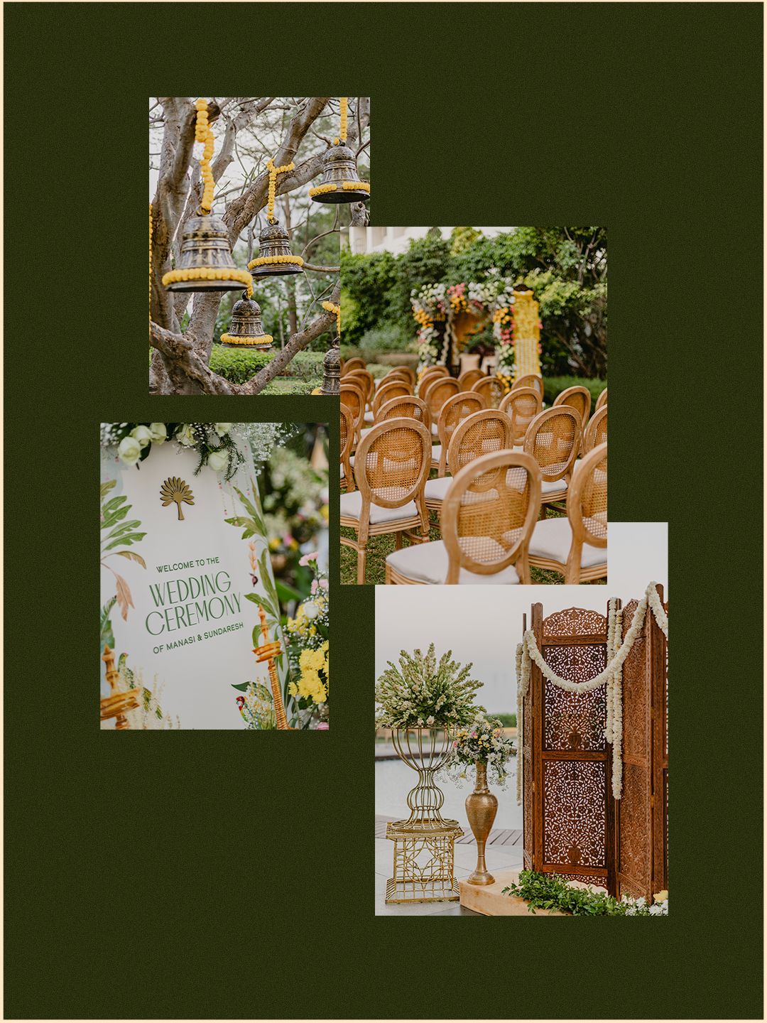 Dark green collage of outdoor Indian wedding ceremony decor with hanging lanterns, rattan chairs, and ornate wooden screen.