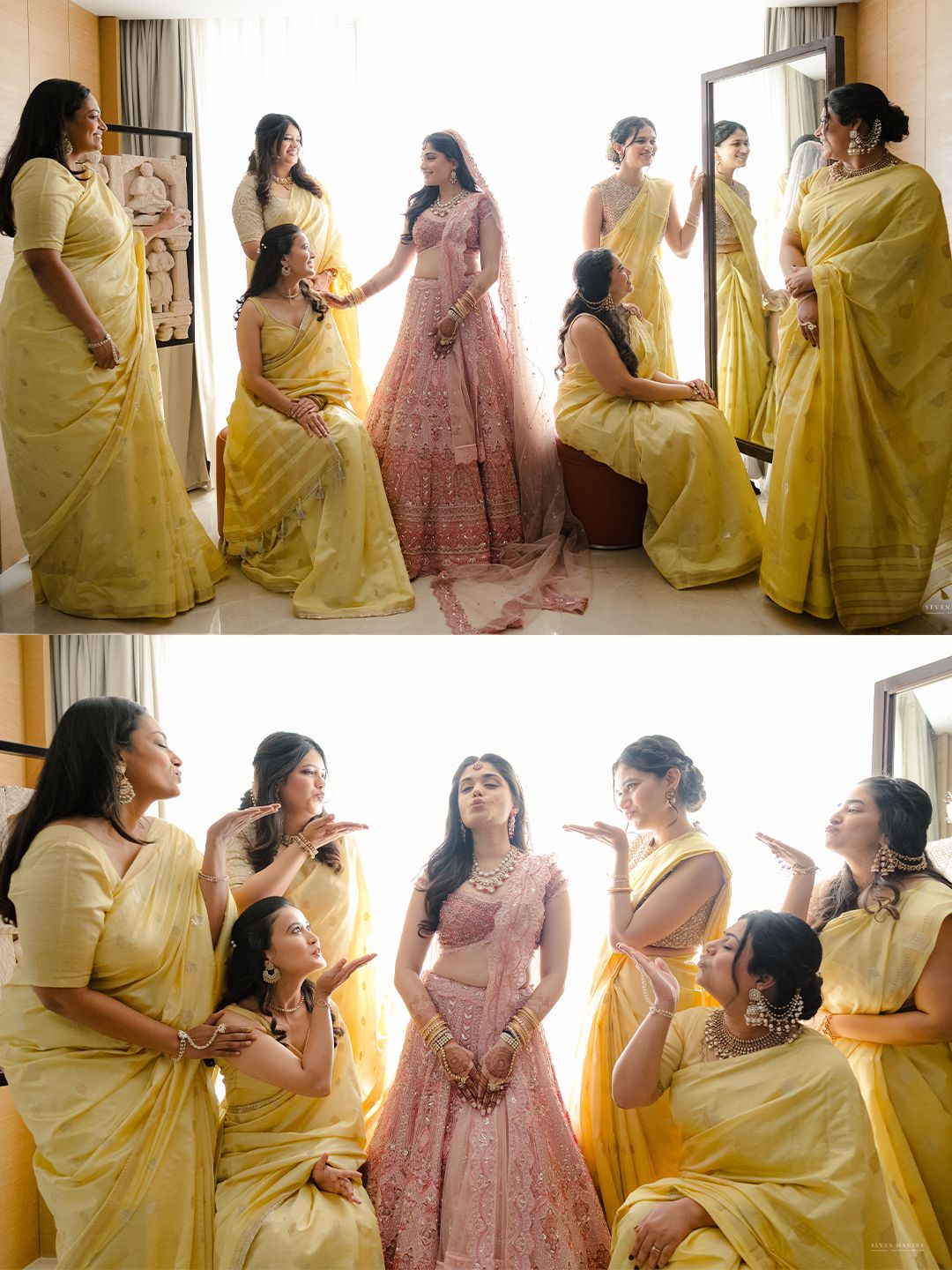 Bride in pink lehenga surrounded by bridesmaids in yellow sarees getting ready for Indian wedding.