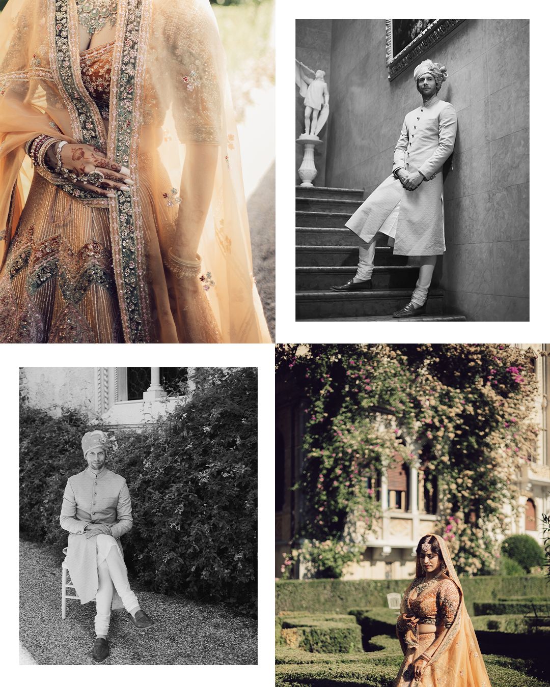 Collage of Indian wedding details including golden lehenga embroidery, groom in sherwani, garden portraits.