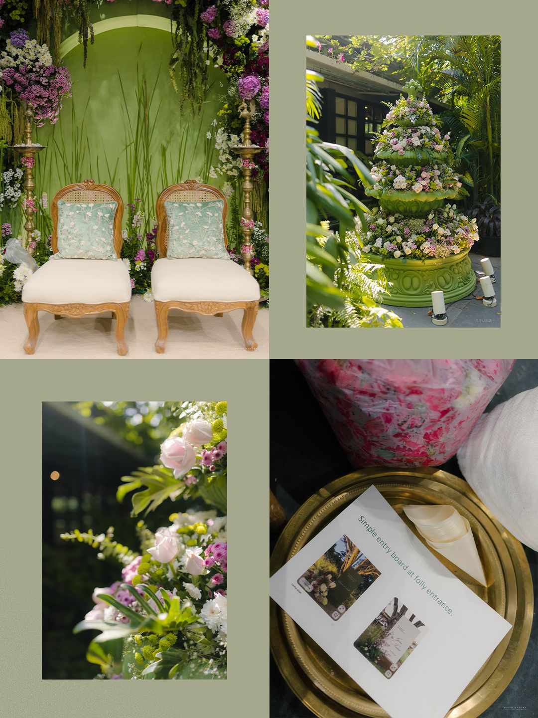 Elegant Indian wedding decor collage featuring ornate chairs, floral arrangements, and ceremony details.