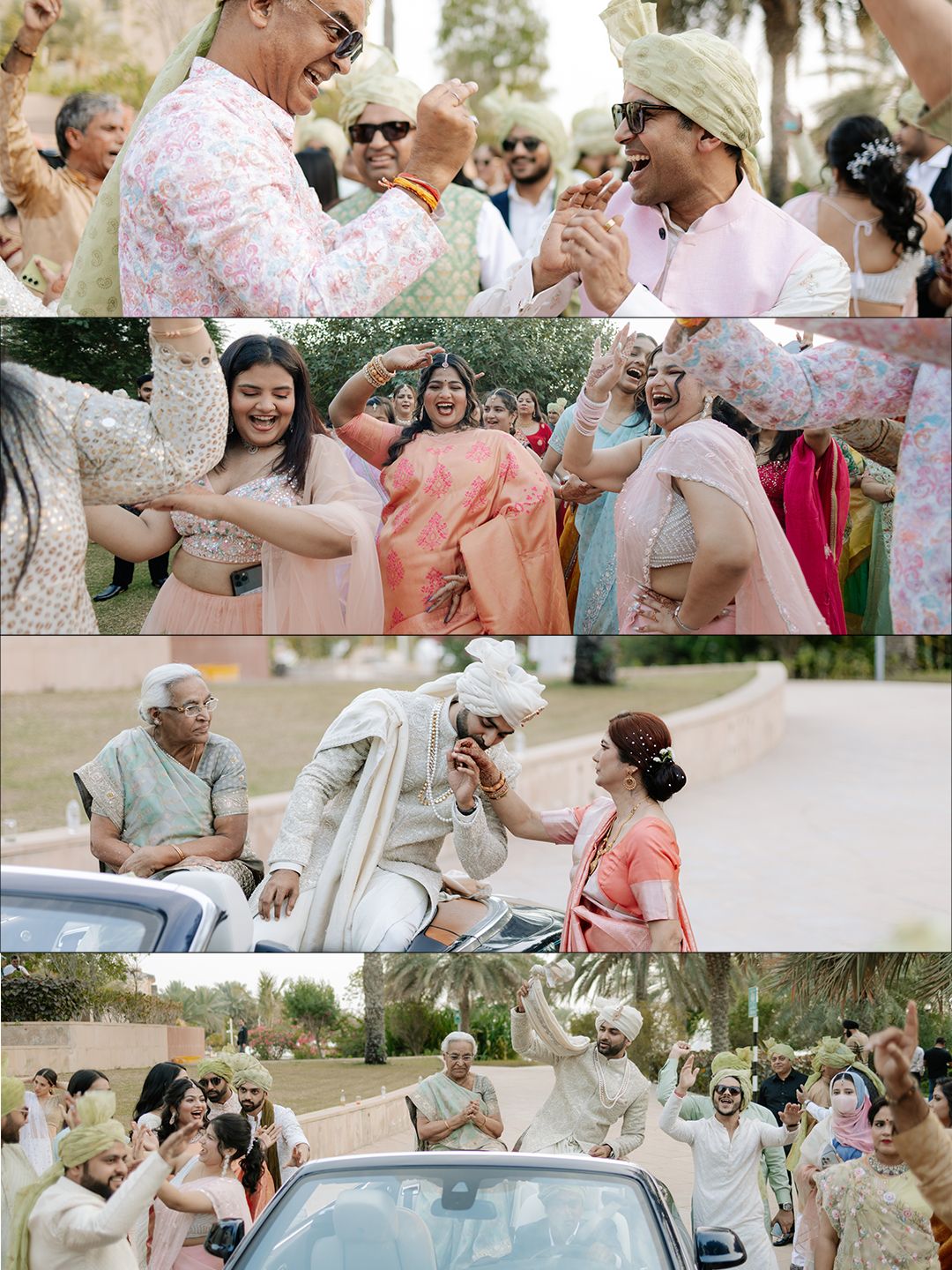 Collage of lively Indian baraat procession with dancing guests and vintage car arrival.