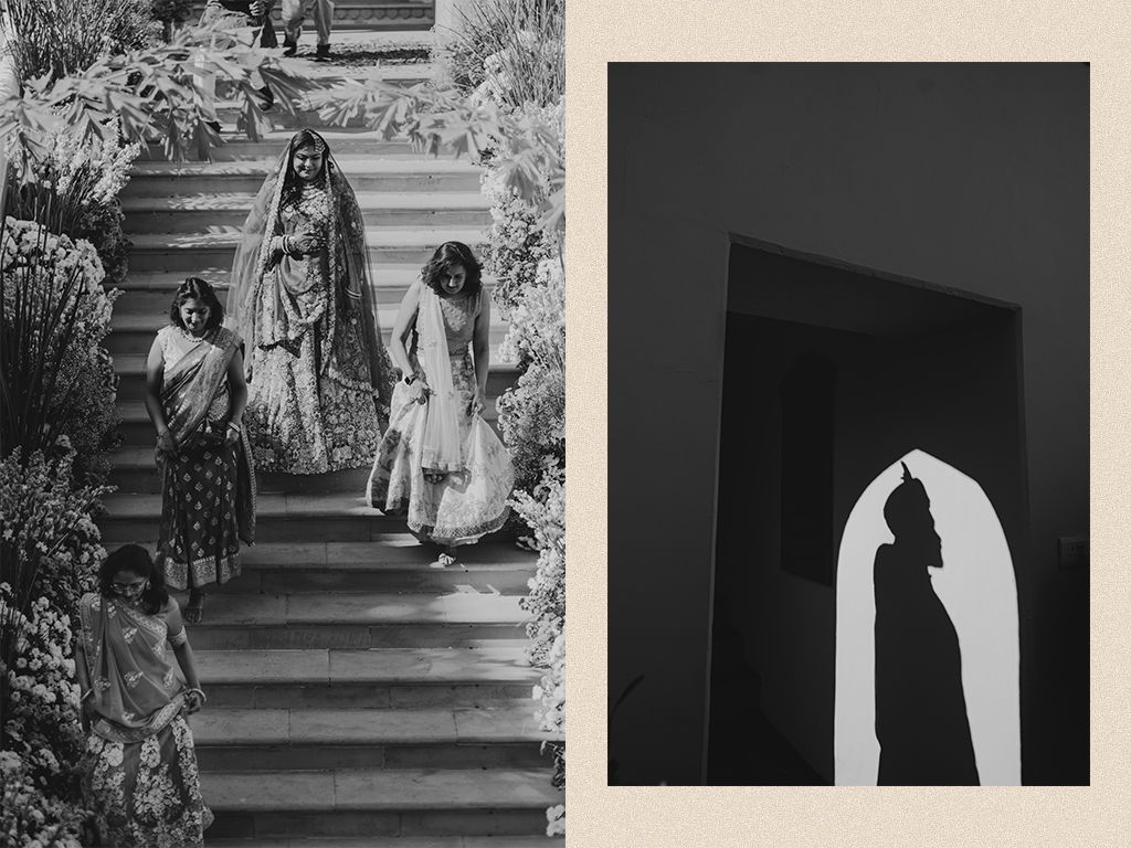 Black and white collage of bridal party descending flower-lined steps at Indian wedding venue.