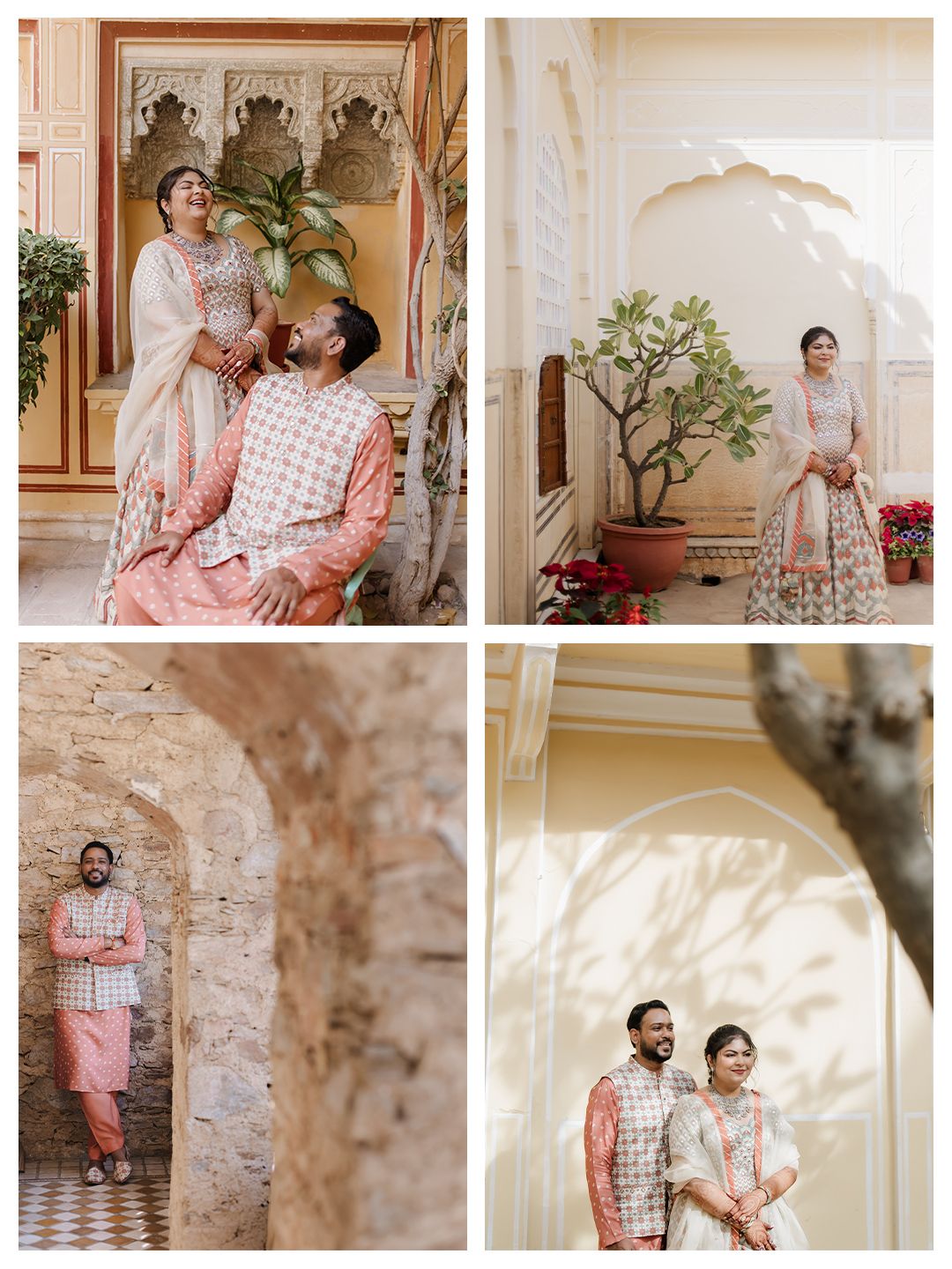 Couple in coordinating peach and white Indian wedding attire pose at an ornate Rajasthani palace venue.