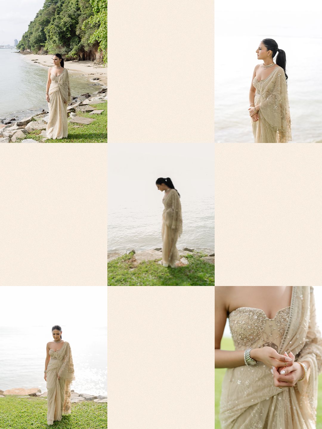 Bride in elegant gold embroidered saree posing by the ocean shore in a serene coastal setting.