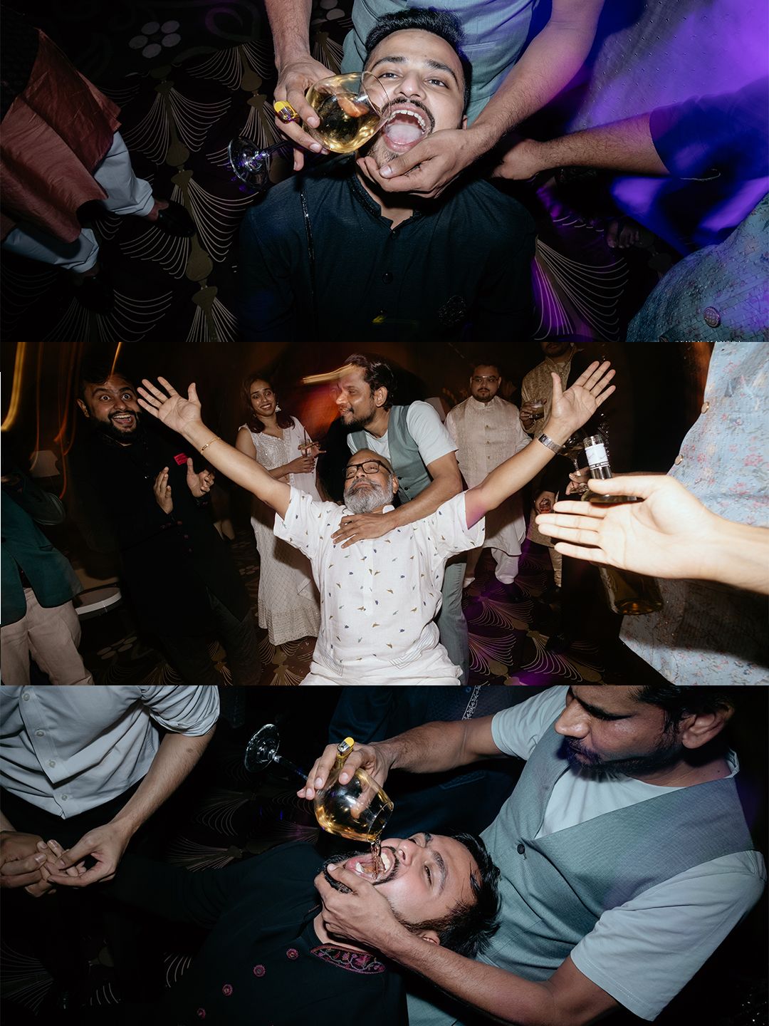 Energetic wedding guest celebrating with friends pouring drinks at lively Indian wedding reception.