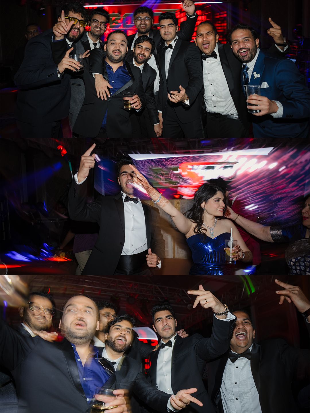 Group of men in tuxedos celebrating at Indian wedding reception party with dancing and drinks.