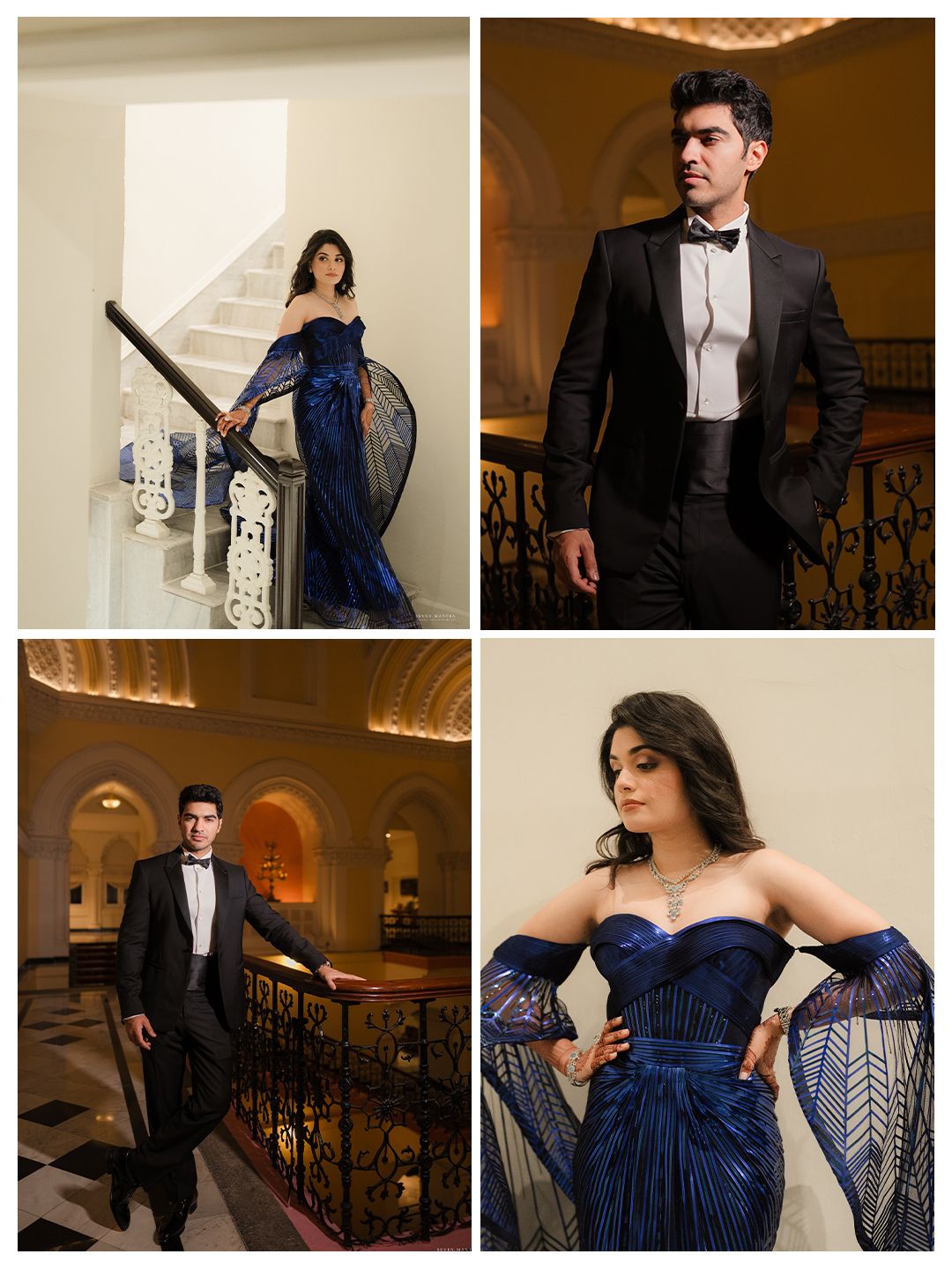 Bride in royal blue gown and groom in black tuxedo pose at elegant wedding reception venue.