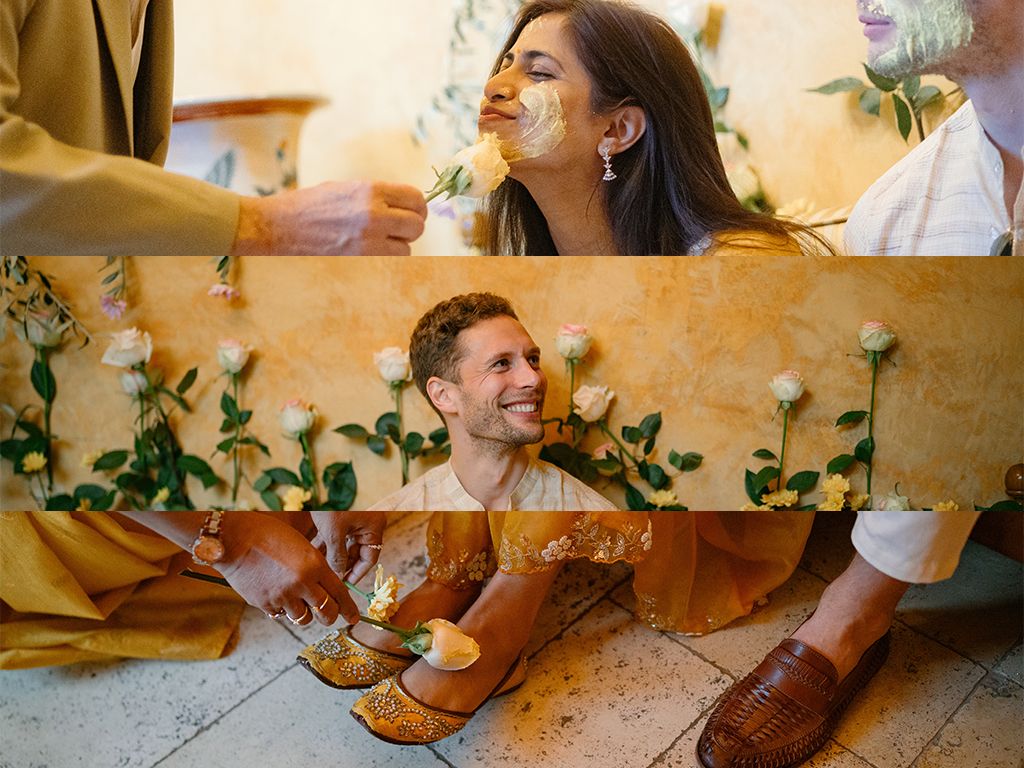 Collage of haldi ceremony moments showing bride and groom having turmeric paste applied to their faces.