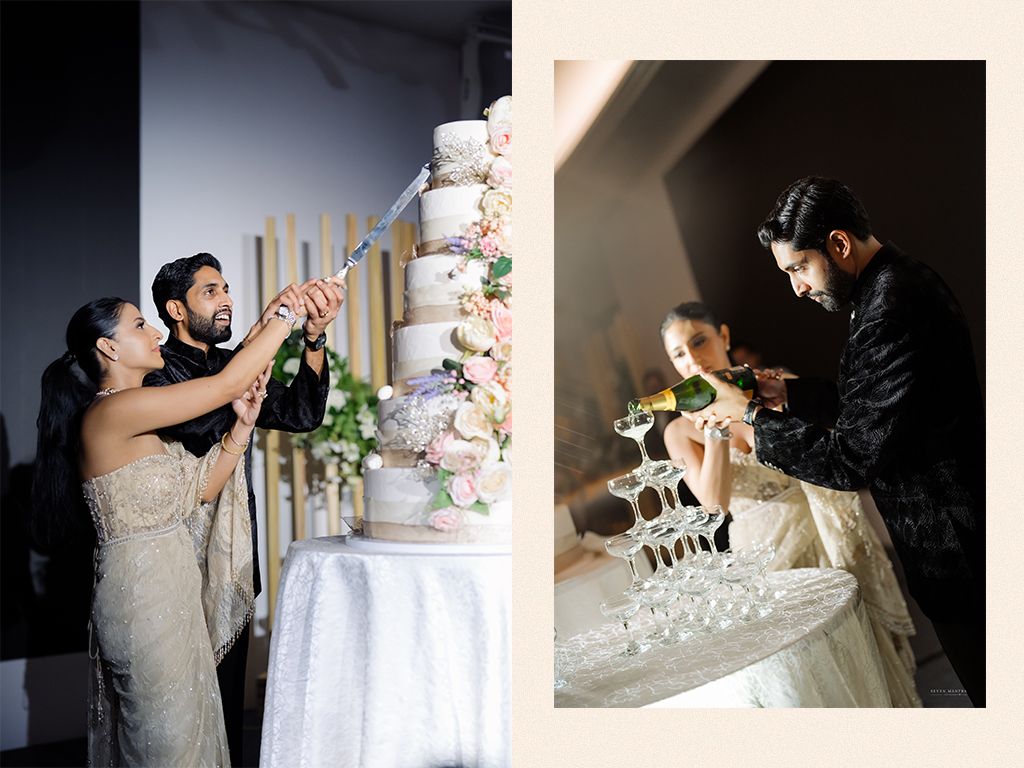 Indian wedding couple cutting elegant floral tiered cake and pouring champagne tower at reception.