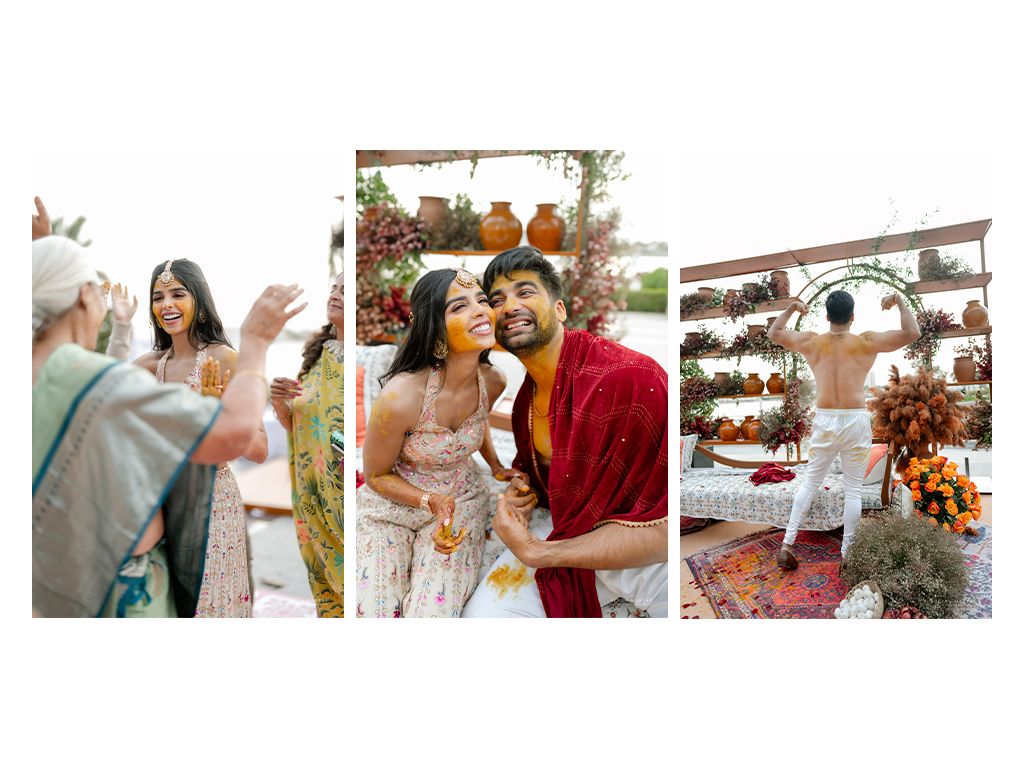 Collage of joyful moments from an outdoor Indian Haldi ceremony with turmeric.