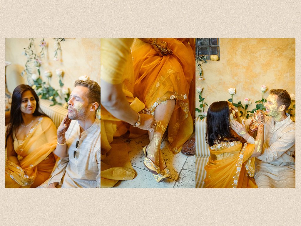 Triptych of Indian haldi ceremony showing couple playfully applying turmeric paste to each other.