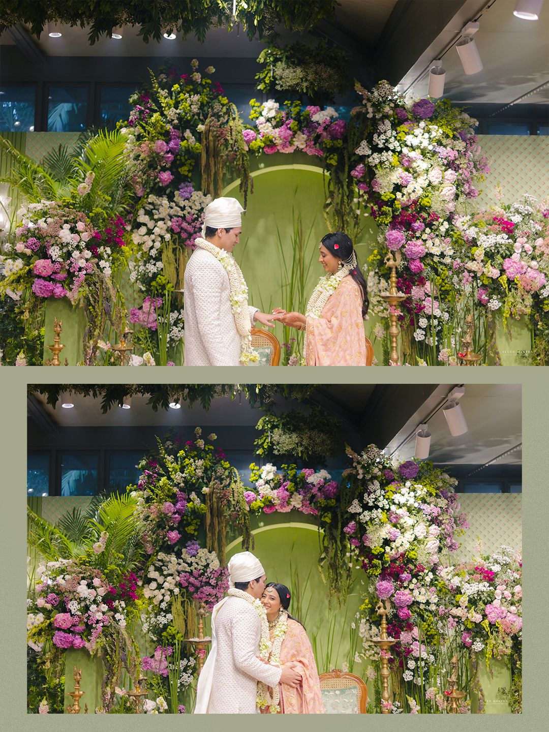 Indian wedding couple exchanging vows under a stunning floral arch with pink and white blooms.