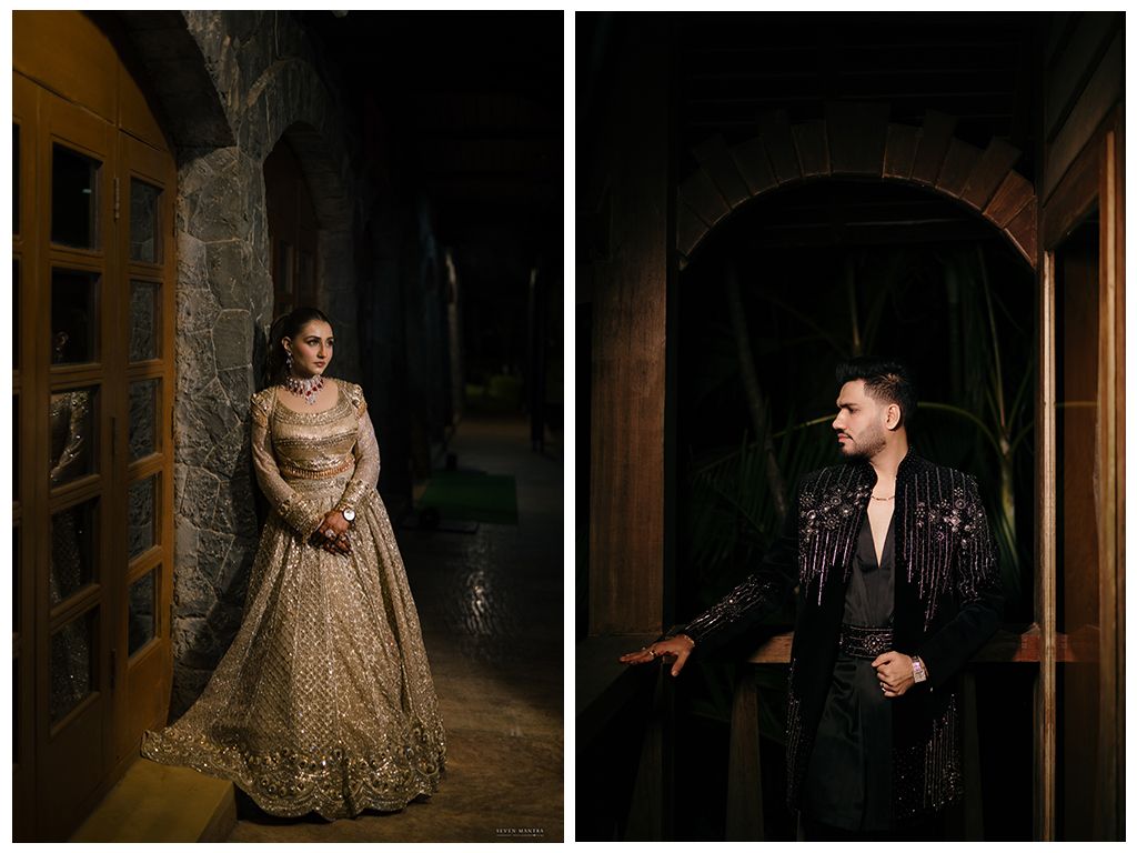Indian bride in golden lehenga and groom in black embroidered suit posing separately in dramatic night lighting.