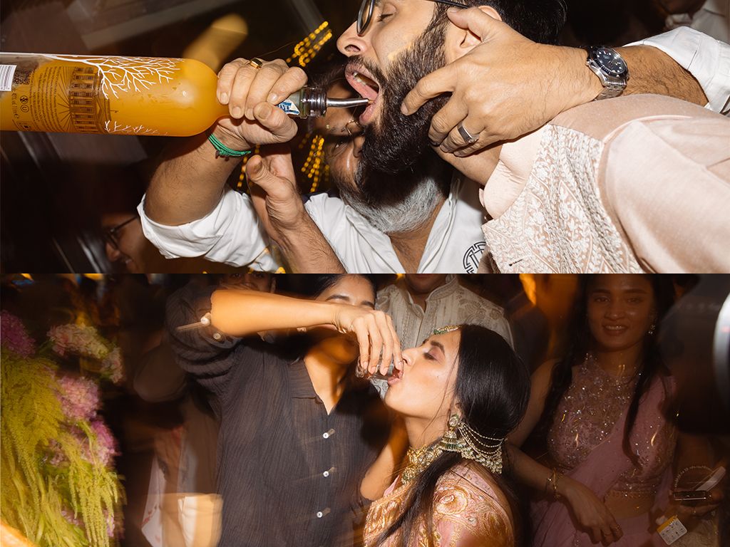 Collage of bride and groom drinking from bottles at lively Indian wedding reception party celebration.