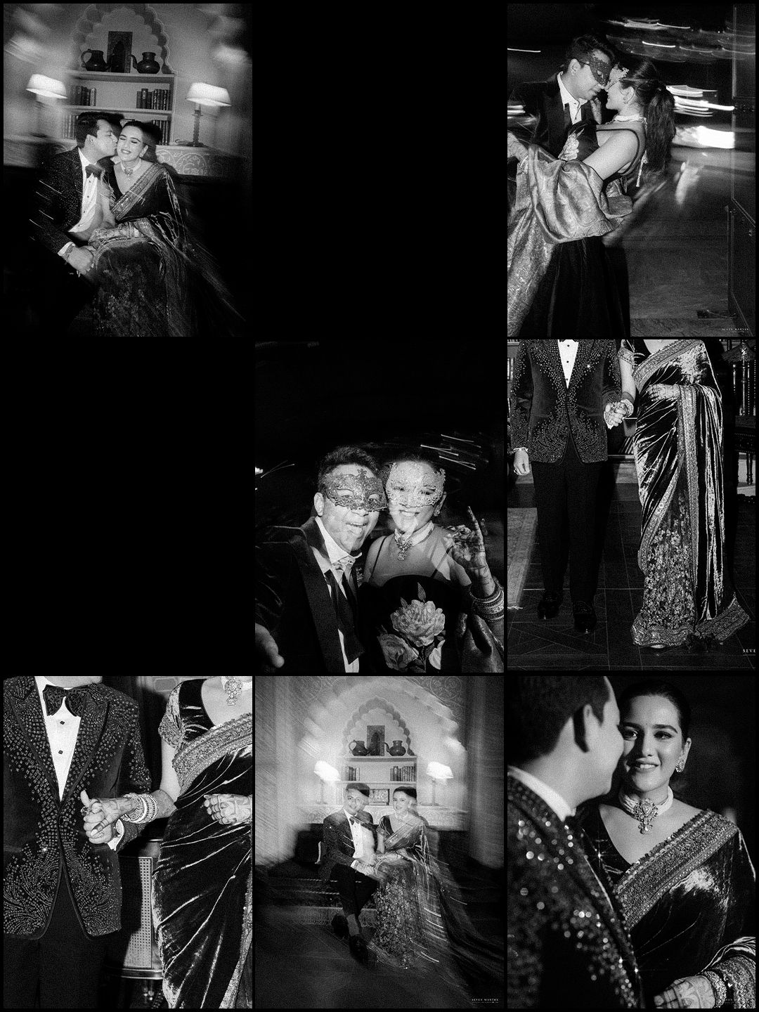 Black and white collage of intimate couple moments captured during an elegant Indian wedding celebration.