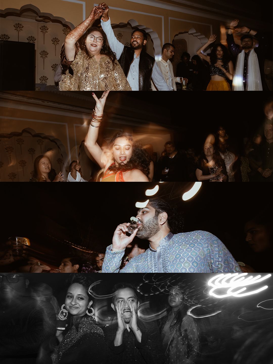 Collage of joyful guests dancing and celebrating at an Indian wedding reception party.