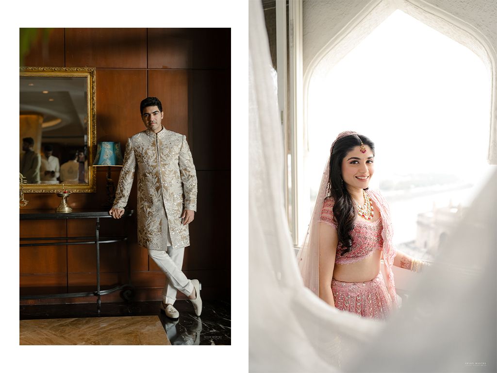 Indian groom in embroidered sherwani and bride in pink lehenga posing separately in elegant hotel interiors.
