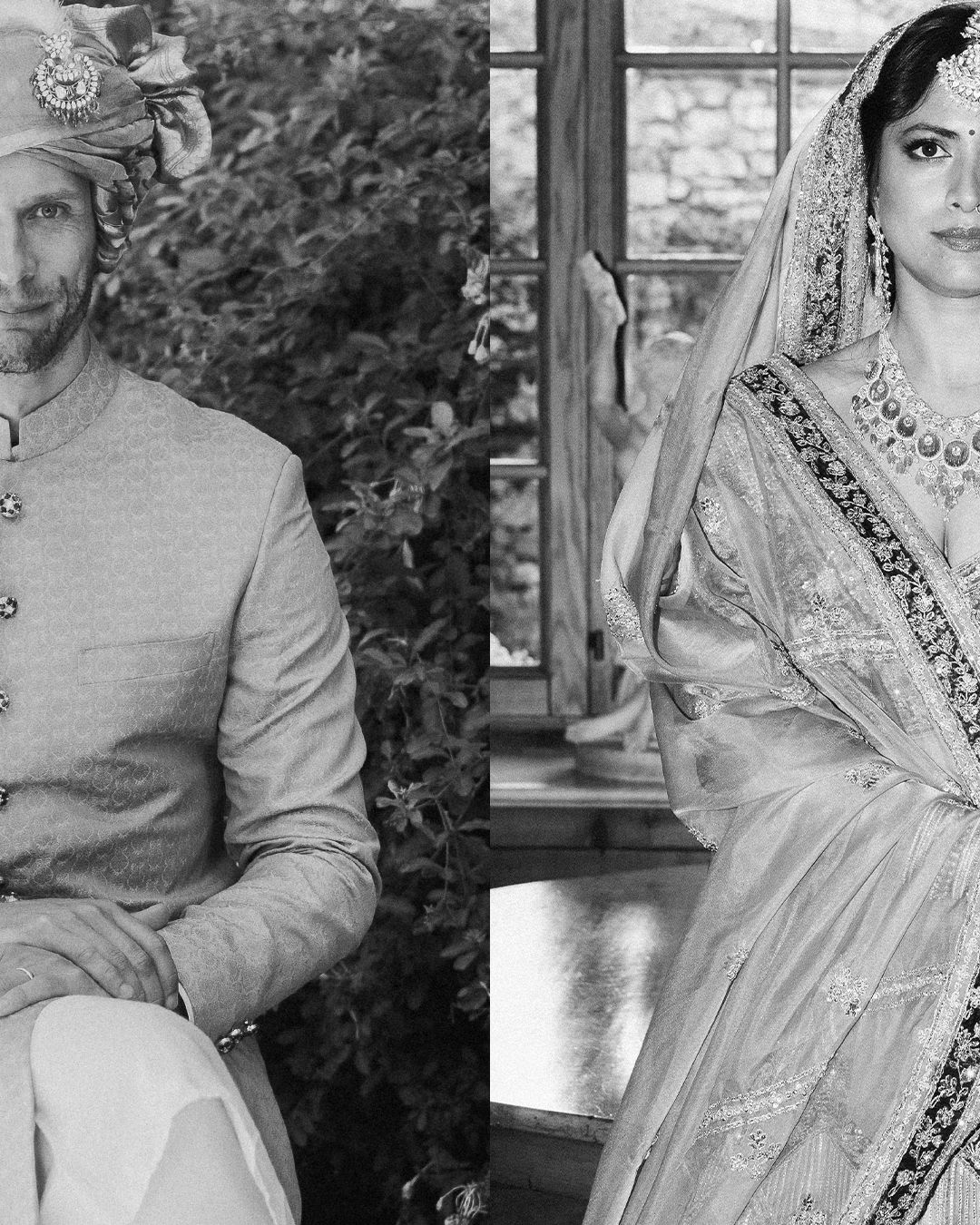 Black and white portrait of Indian wedding couple, groom in sherwani with turban, bride in embroidered lehenga.