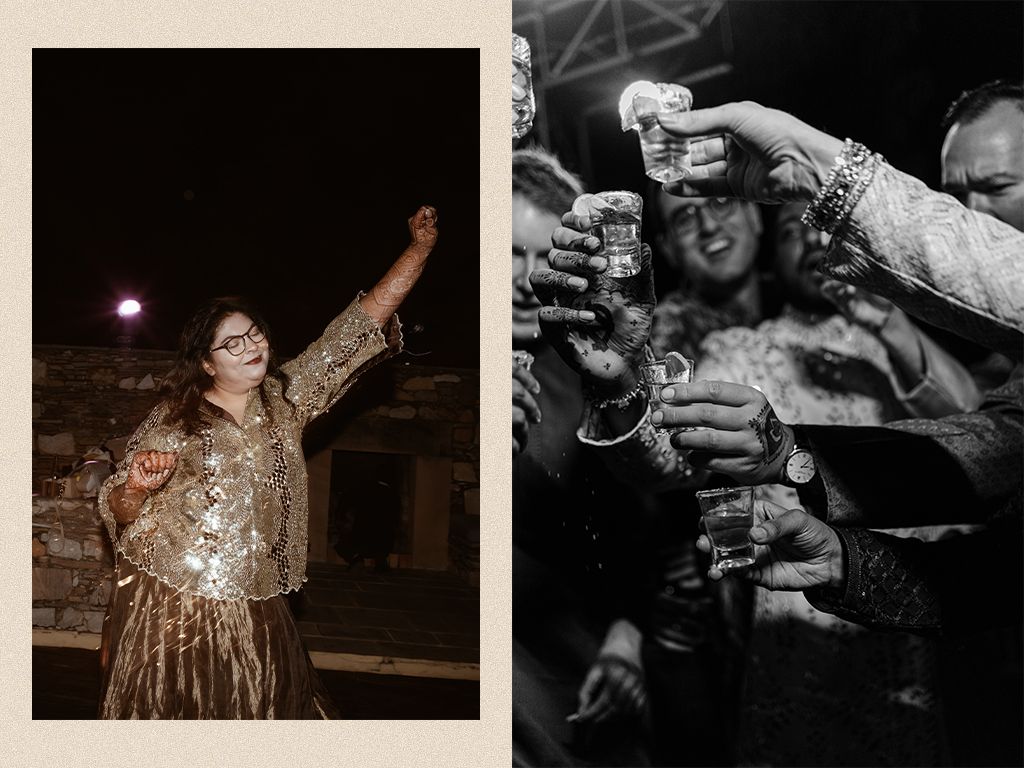 Bride in gold sequin lehenga raising a toast with guests at Indian wedding celebration.