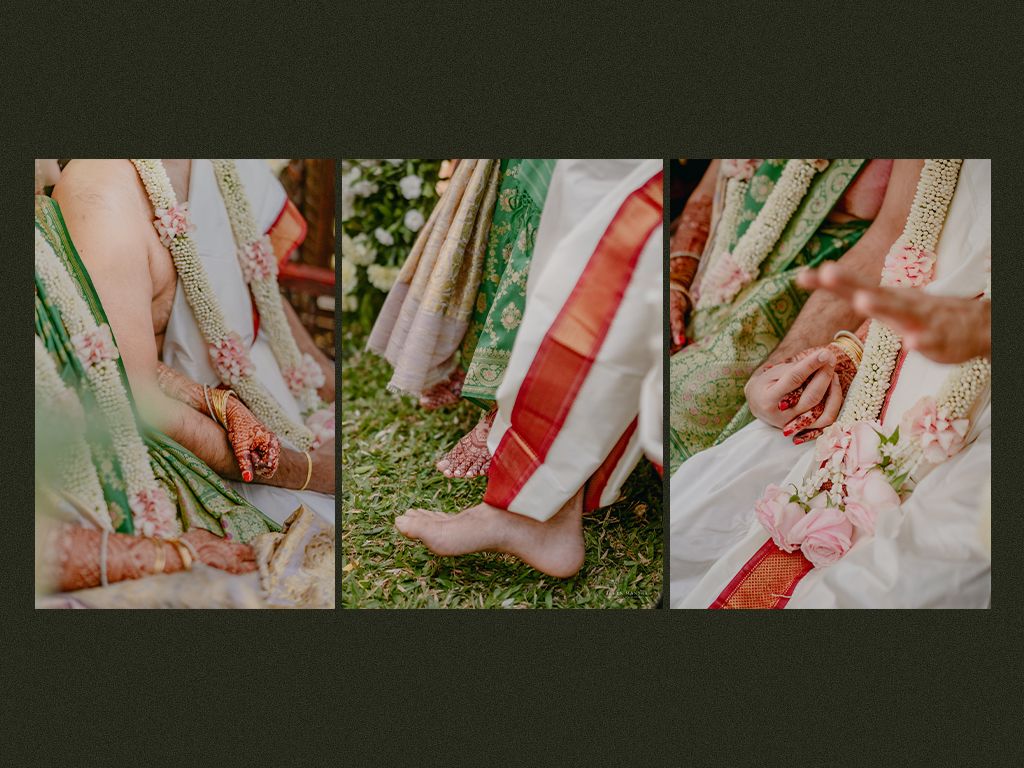 Close-up of Indian bride's henna-adorned feet and hands during traditional South Indian wedding ceremony.