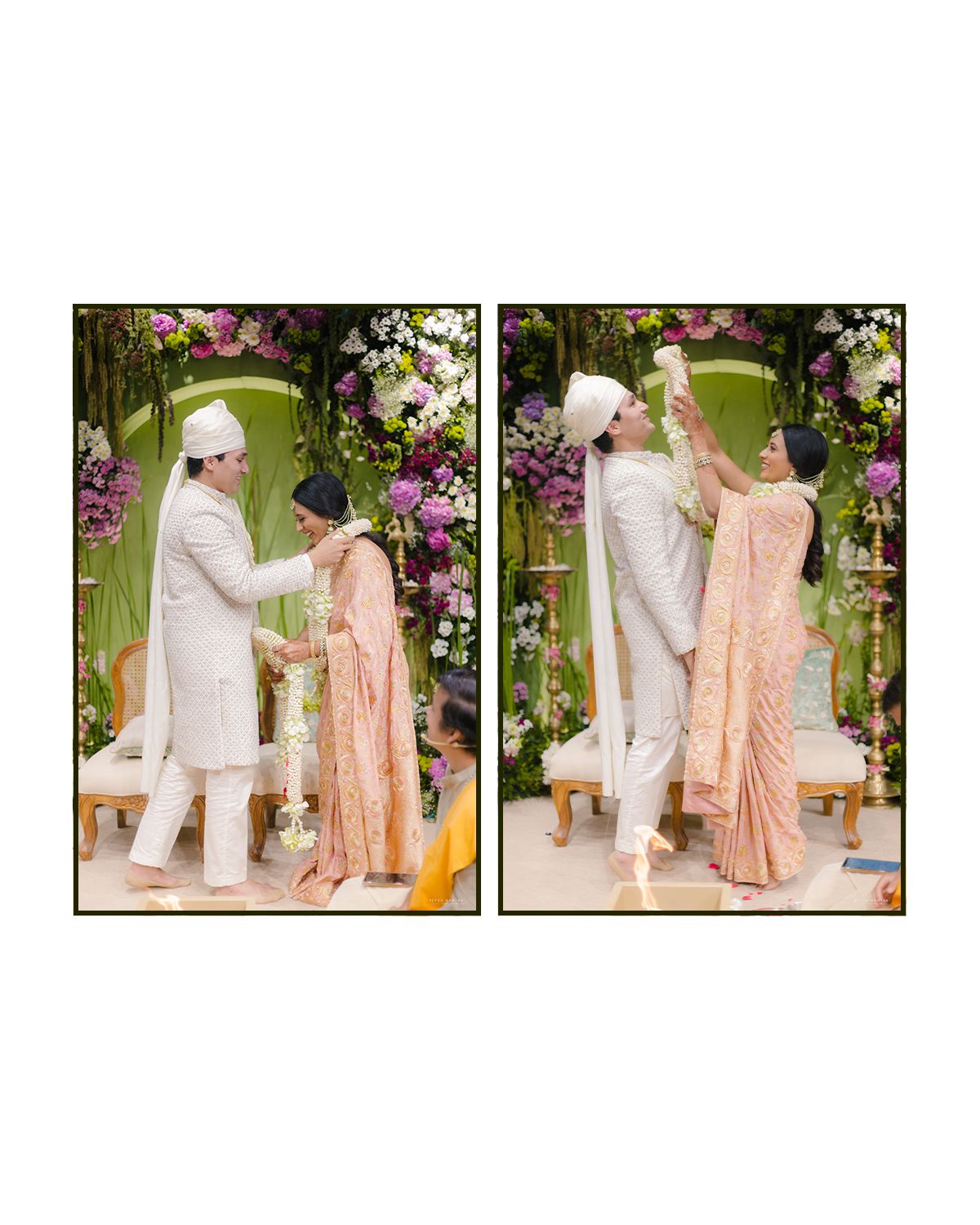 Indian wedding ceremony diptych showing couple exchanging garlands under floral mandap with purple flowers.