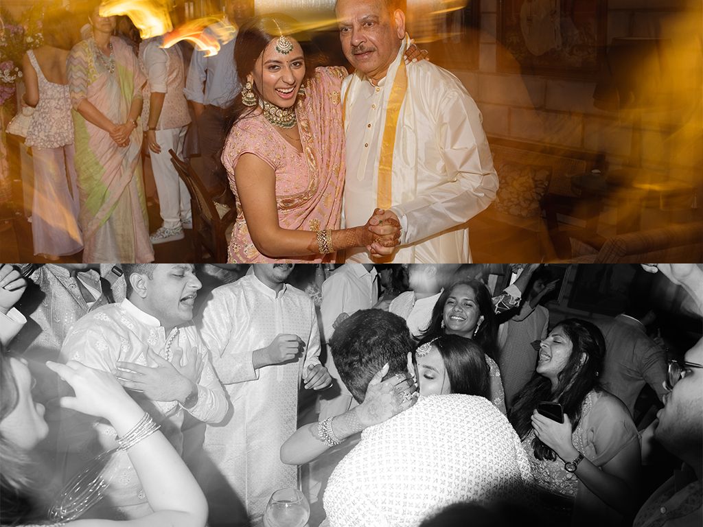Collage of bride in pink saree dancing with elder guest and black white photo of wedding guests dancing.